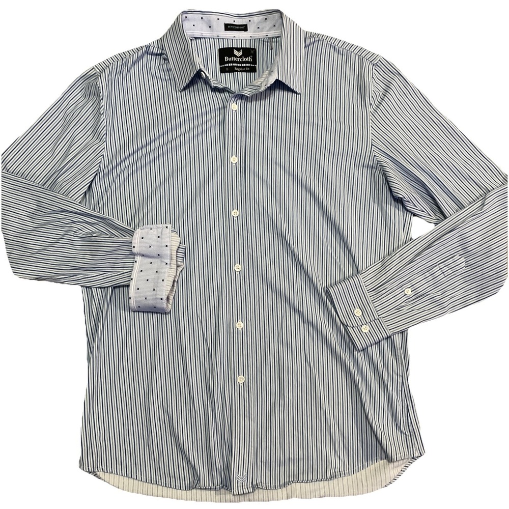 Butter Cloth Icy Cotton Shirt Large Blue Button Up Stretch Reg Performance‎ Men